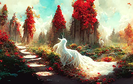 树 独角兽 树木 风景 红色背景 红色花朵 花卉 植物 AI艺术 艺术 4K高清壁纸 4096×2304