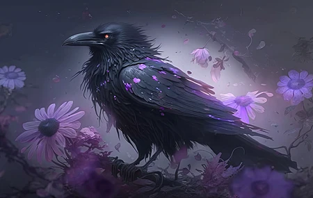 经典艺术 插图 鸟类 动物 乌鸦 紫色 花 花瓣 高清壁纸 4579×2616