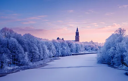 风景 冬天 雪 河流 霜冻 树木 夕阳 天空 云 自然 壁纸 7007×3941
