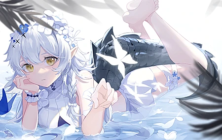 蓝色的头发 躺着 动漫 动漫女孩 明日方舟 黄色的眼睛 兽耳 尾巴 无水印壁纸 4360×2270