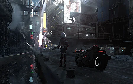 艺术家 赛博朋克 摩托车 日光 霓虹灯 4K高清壁纸 5874×2492