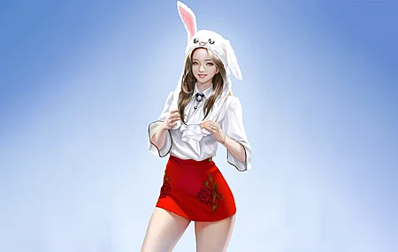 微笑 简单的背景 蓝色背景 动漫 动漫女孩 迷你裙 无水印壁纸 4800×2640
