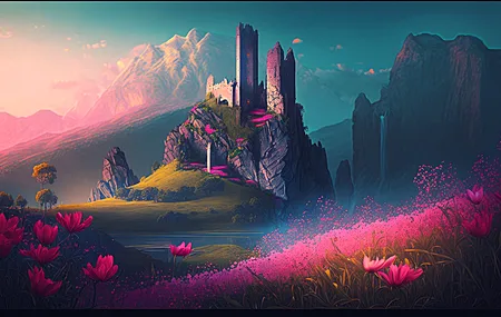 艺术 插图 城堡 花 紫色 草 粉色花 壁纸 4579×2616