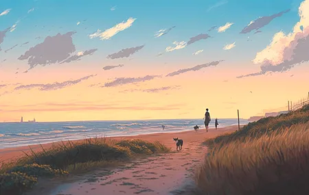 艺术 插图 海滩 云 海 水 沙 天空 夕阳辉光 4K高清壁纸 4579×2616