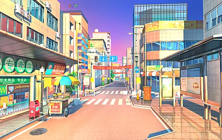 唯美AI艺术 街道 道路 建筑 商店 日落 桌面壁纸 5000×2813