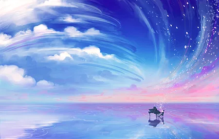 动漫 动漫男孩 AI艺术 奇幻艺术 钢琴 云彩 天空 无水印壁纸 3840×3070