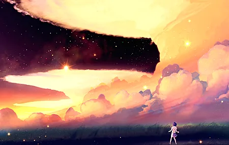 短发 空间 星星 奇幻艺术 风景 动漫女孩 动漫 天空 云 草 场 4K高清壁纸 4000×2250