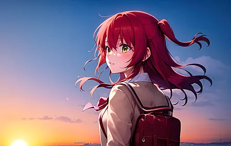 唯美红头发 绿眼睛 女学生 动漫女孩 艺术 动漫 校服 背包 太阳 日落 夕阳辉光 天空 无水印壁纸 3840×2160