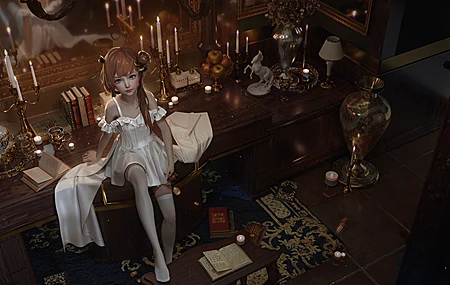 女人 长发 梦幻女孩 书籍 蜡烛 台灯 袜子 AI艺术 高清壁纸 4284×2160