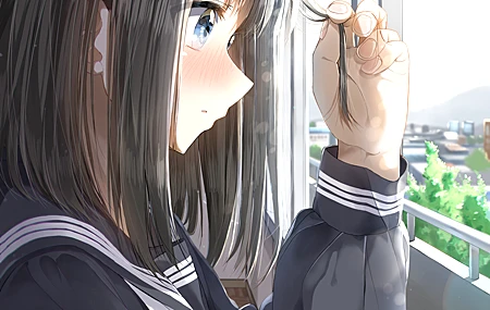 蓝眼睛 脸蛋 动漫 动漫女孩 AI艺术 校服 黑发 特写 壁纸 4517×4448