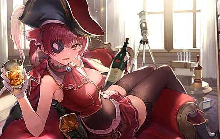 热门海洋 动漫 动漫女孩 红酒 眼罩 礼服 酒杯 沙发 高清壁纸 4096×2451