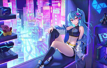 肚皮 动漫 动漫女孩 浮雕 紫色眼睛 城市 任天堂 小雕像 壁纸 5120×2880