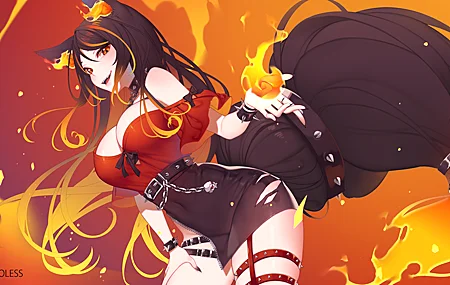 热门奇幻女孩 肩膀 表带 虚拟 动漫 动漫女孩 狐狸女孩 狐女 火 红色上衣 迷你裙 绘图 高清壁纸 4800×2700