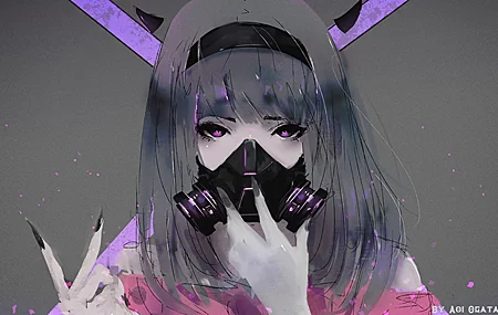 原创人物 深色头发 看观众 动漫 动漫女孩 防毒面具 头巾 紫色眼睛 指甲油 长指甲 深色背景 壁纸 3976×2488