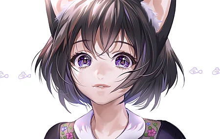 猫女孩 微笑 动漫 动漫女孩 猫耳朵 黑发 紫色眼睛 白色背景 壁纸 5120×2880