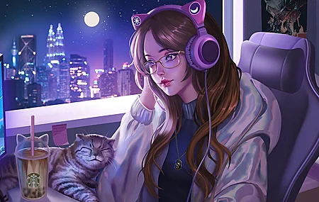 动漫女孩 猫 耳机 月亮 灯 眼镜 4K高清壁纸 3840×2160