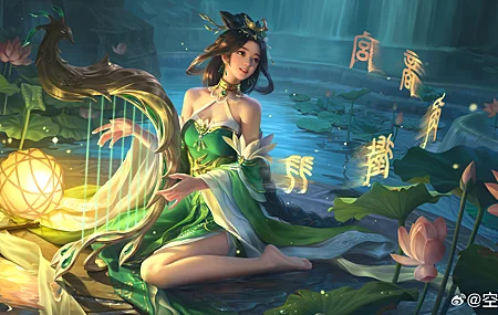 游戏CG 肩膀 赤脚 脚 长发 微笑 竖琴 乐器 水 花 耳环 游戏CG艺 国风 壁纸 5780×2828