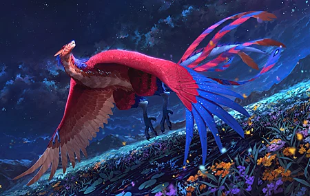 热门AI艺术 梦幻鸟 梦幻艺术 生物 花 天空 星星 风景 翅膀 鸟 无水印壁纸 5120×2870