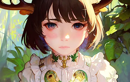 绚丽女人 幻想女孩 短发 脸 鹿角 褶皱 叶子 角 幻想艺术 人工智能艺术 壁纸 4050×2160