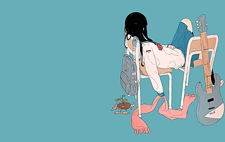 热门女学生 简单背景 极简主义 动漫女孩 蓝色背景 吉他 围巾 高清壁纸 3840×2160