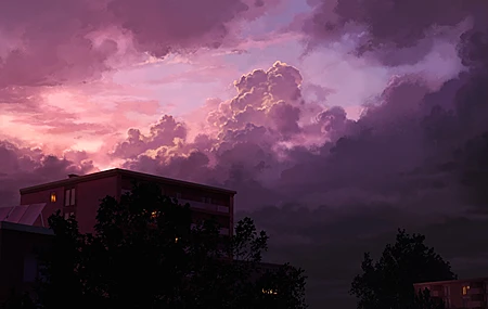 AI艺术 插图 云 暴风雨后 傍晚 剪影 树木 建筑 天空 4K壁纸 3840×2160