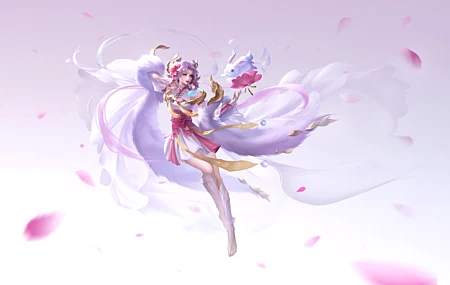 游戏CG 角色 奇幻女孩 紫色头发 腿 口红 女人 王者荣耀 兔子 动物 连衣裙 简单背景 紫色背景 白色连衣裙 壁纸 6776×4320