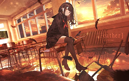 女生 长头发 红色的眼睛 动漫 动漫女孩 日落 晚霞 校服 教室 书桌 椅子 长统袜 羽毛 黑色头发 窗口 云彩 天空 壁纸 5992×3000