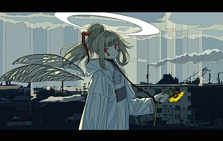 原创人物 女人 长发 红眼睛 奇幻女孩 动漫女孩 翅膀 绳子 向日葵 城市 城市景观 建筑 地平线 云 素描 AI艺术 插图 动画 超宽 4K壁纸 10000×5012