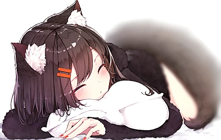 经典黑发 动漫 动漫女孩 AI艺术 睡觉 枕头 抱枕 兽耳 狐狸少女 尾巴 壁纸 3970×2562