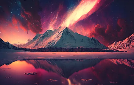 艺术 插图 风景 山 湖 冬天 雪 水 星星 星空 天空 云 4K壁纸 4579×2616