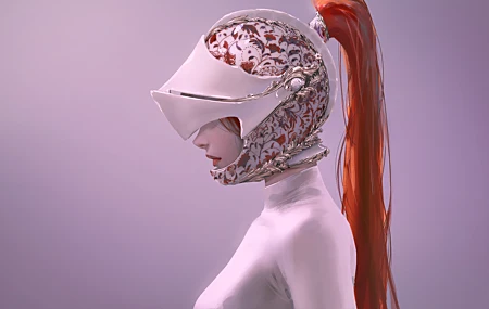 红发 女性 马尾辫 长发 AI艺术 插图 极简主义 简单背景 头盔 白色衣服 红色 口红 图案 4K壁纸 5455×3409