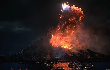 唯美最终幻想 游戏CG 夜晚 火山 烟雾 云 天空 无水印壁纸 3840×2160
