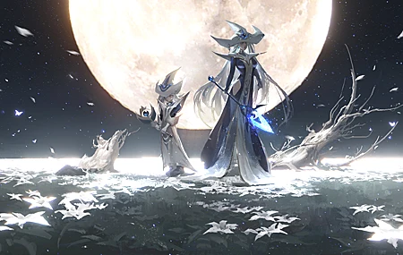 热门魔术师 动漫 女孩 月亮 花瓣 花朵 AI艺术 高清壁纸 5500×2649