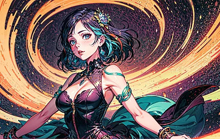 经典多色头发 短发 蓝眼睛 肩膀 人工智能 动漫女孩 连衣裙 五颜六色 时空旅行 科幻 奇幻艺术 魔术 照相 AI艺术 壁纸 3840×2160