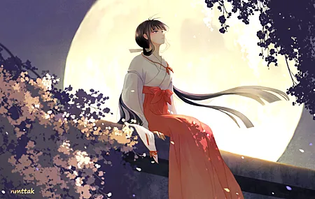 高清坐着 长发 抬头 动漫 动漫女孩 犬夜叉 月 夜 月光 手机壁纸 5123×2881