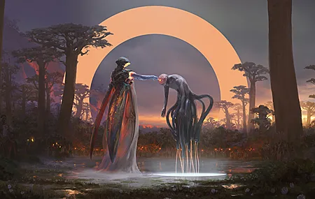 绚丽科幻小说 AI艺术 机器人 触手 沼泽 草原 壁纸 3840×2212
