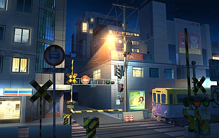 经典AI艺术 夜晚 火车 铁路 交通灯 街道 风景 壁纸 5000×2813