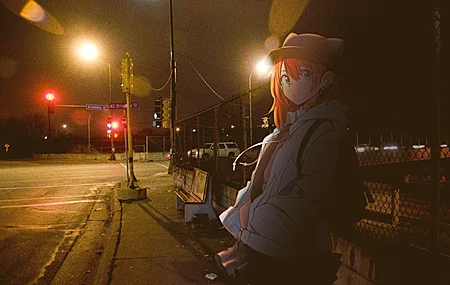 超清游戏 动漫 动漫女孩 帽子 猫耳 夜晚 马路 路灯 无水印壁纸 3840×2160