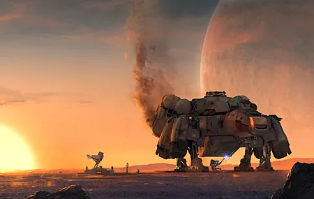概念艺术 游戏CG 宇宙飞船 日落 机器人 行星 壁纸 5800×3021