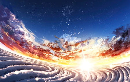 高清飘落 白发 动漫 翅膀 云 日落 星空 星星 天使 动漫女孩 无水印壁纸 7680×4320