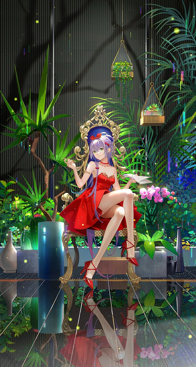 高清紫色头发 绿色头发 肩膀 动漫 女孩 倒影 植物 连衣裙 红色连衣裙 高跟鞋 红色高跟鞋 手机 高清壁纸 4000×8000