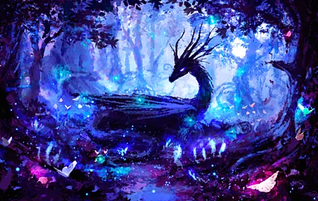 热门AI艺术 彩色 图片 灯光 龙 森林 夜 魔法 树 角 粉色 蓝色 夜晚 生物 蝴蝶 薄雾 萤火虫 水彩 高清壁纸 8000×4500