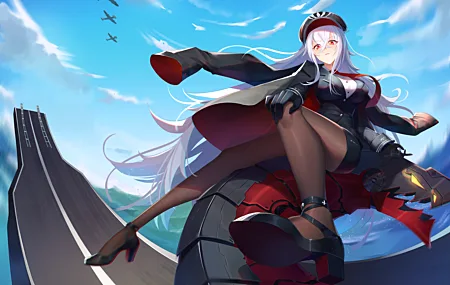 热门长发 白头发 红眼睛 脚 飞艇 蔚蓝巷 动漫女孩 制服 天空 云 帽子 高跟鞋 裤袜 手套 飞机 军舰 水 夹克 4K壁纸 6140×4379