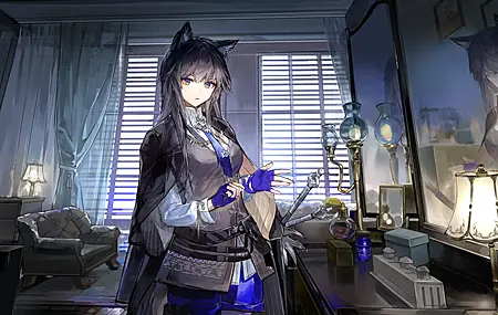 经典狼尾 长发 狼耳 动漫 女孩 兽耳 茶 狼女 手套 窗帘 沙发 倒影 灯 壁纸 4096×2773