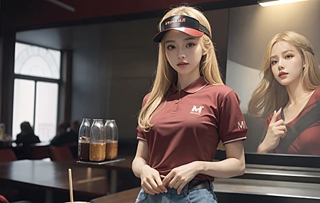 金发 亚洲 女人 餐厅 人工智能 帽子 制服 饮料 灯光 壁纸 3840×2160