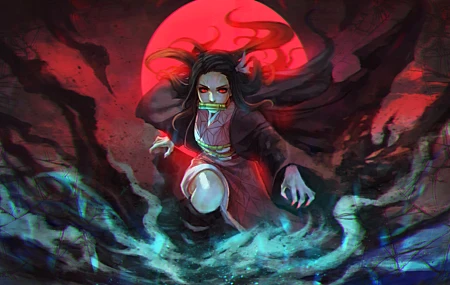 超清红色眼睛 长发 京津 动漫女孩 黑发 和服 鬼灭之刃 灶门 祢豆子 壁纸 5915×3364