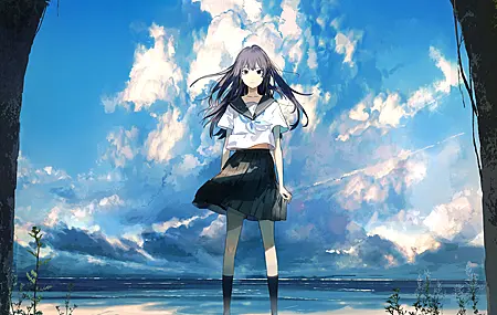 动漫 动漫女孩 海滩 天空 校服 4K高清壁纸 4000×2600