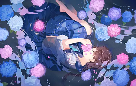 腿 赤脚 动漫 动漫女孩 花 绣球花 水 水里 水中 壁纸 4002×2250