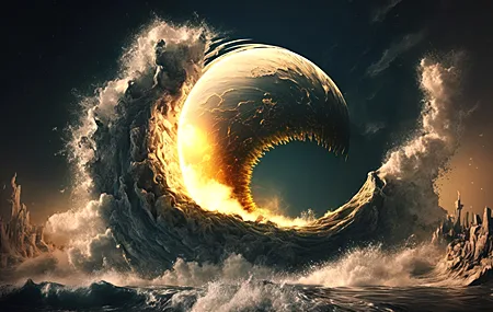 艺术 插图 月亮 波浪 碰撞 海 水 4K壁纸 4579×2616