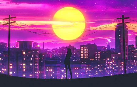 风景 紫色天空 落日 城市景观 夜晚 城市 灯光 太阳 AI艺术 插图 剪影 4K高清壁纸 5120×2880